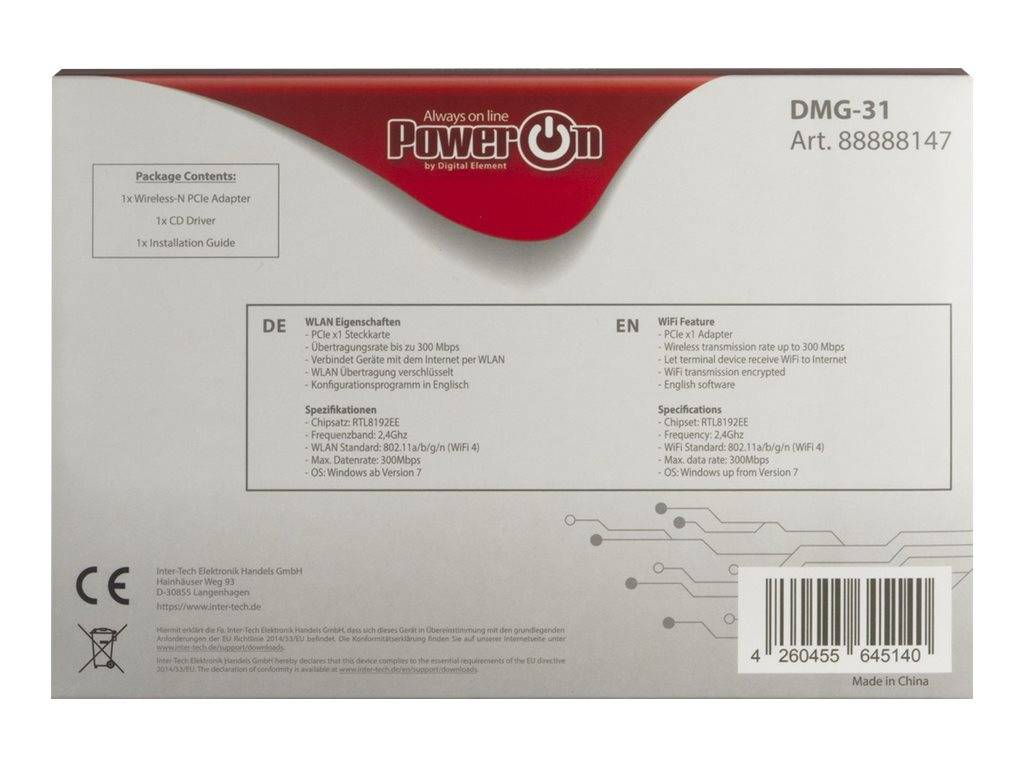 Inter-Tech Wi-Fi 4 PCIe Adapter DMG-31 2T2R Antenne 300Mbps retail Wireless