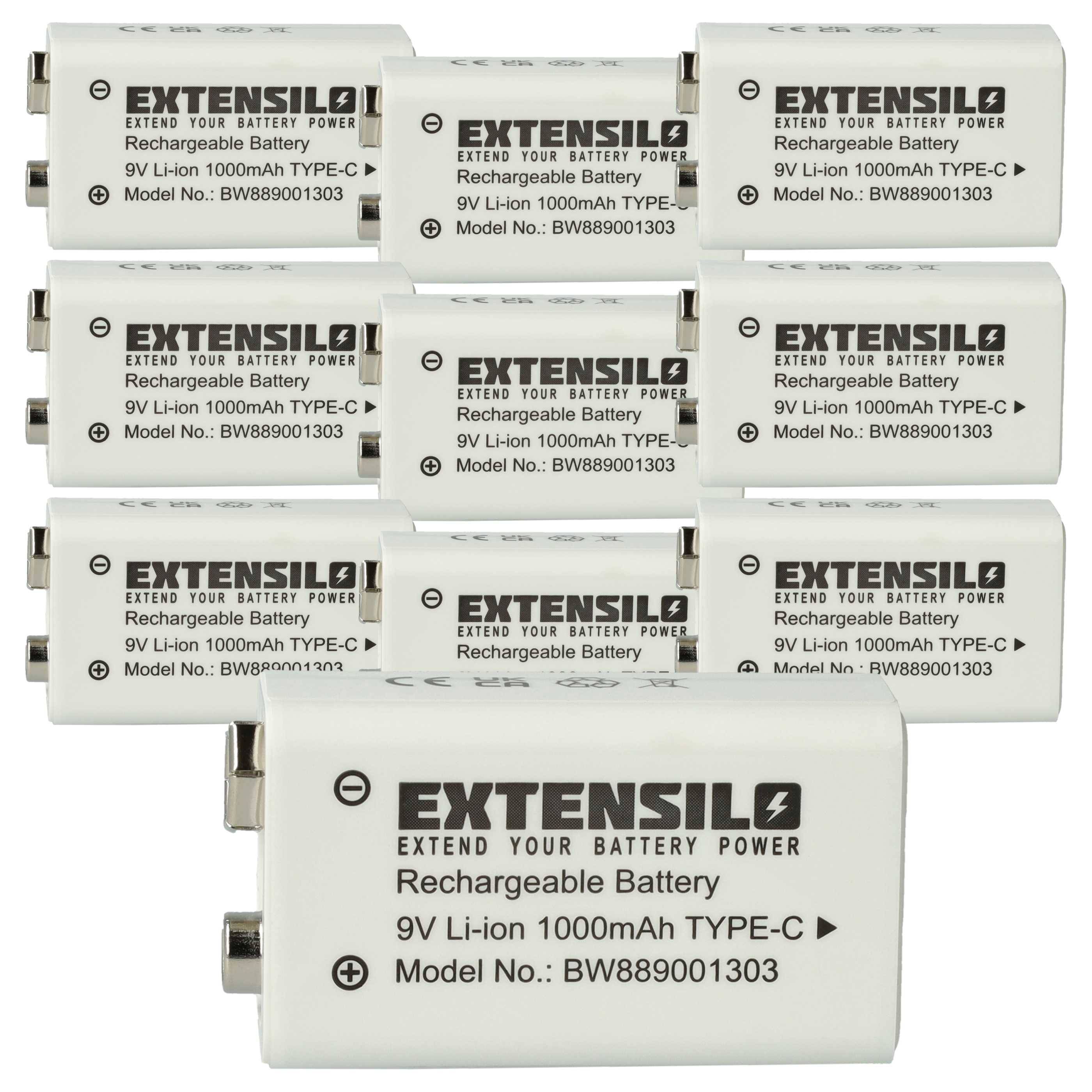 EXTENSILO 10x 9V-Akku Block kompatibel mit Daitem DC270, DC271, D21, DC272 (1 Ah, 9 V, Li-Ion), ready-to-use, mit USB-C