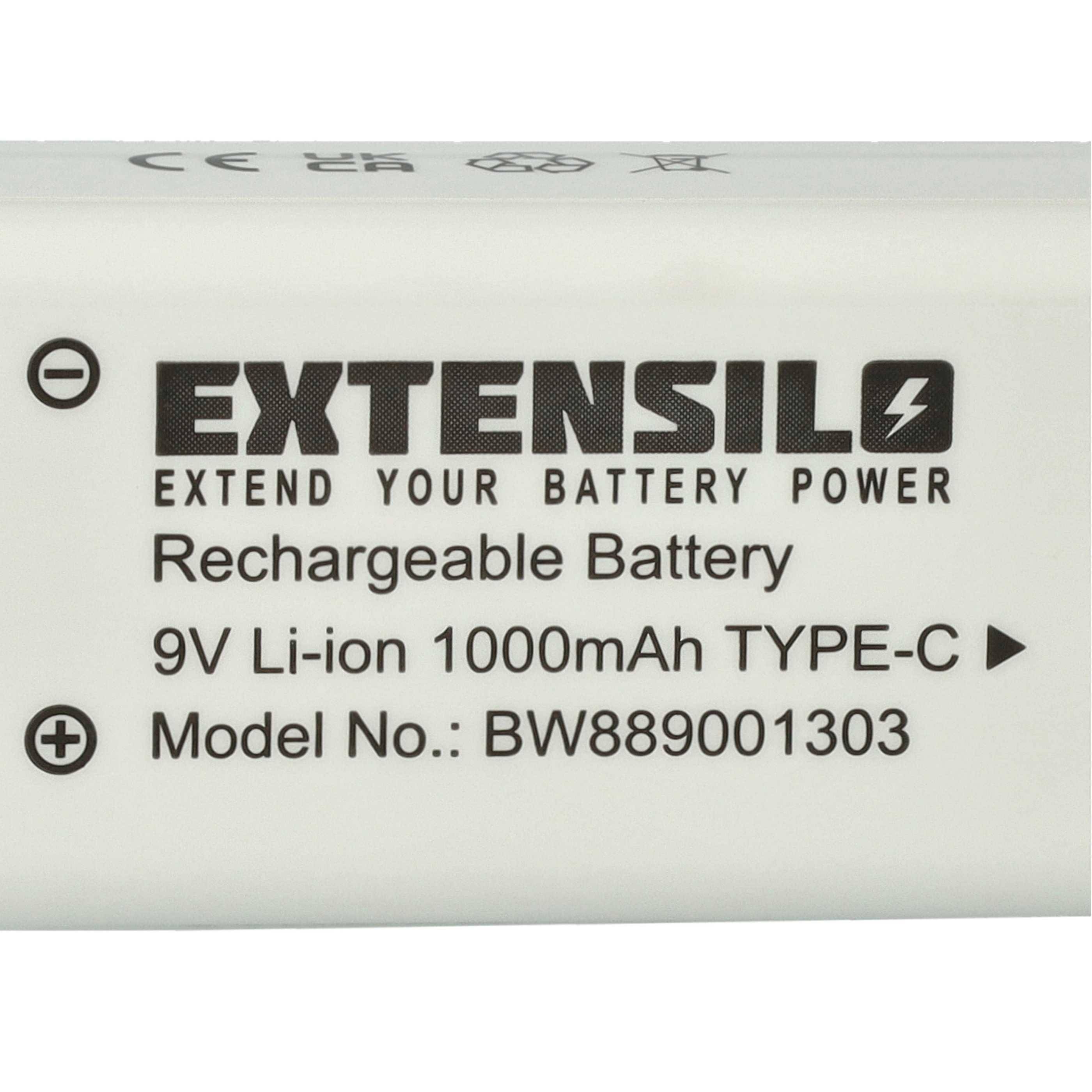 EXTENSILO 10x 9V-Akku Block kompatibel mit Daitem DC270, DC271, D21, DC272 (1 Ah, 9 V, Li-Ion), ready-to-use, mit USB-C