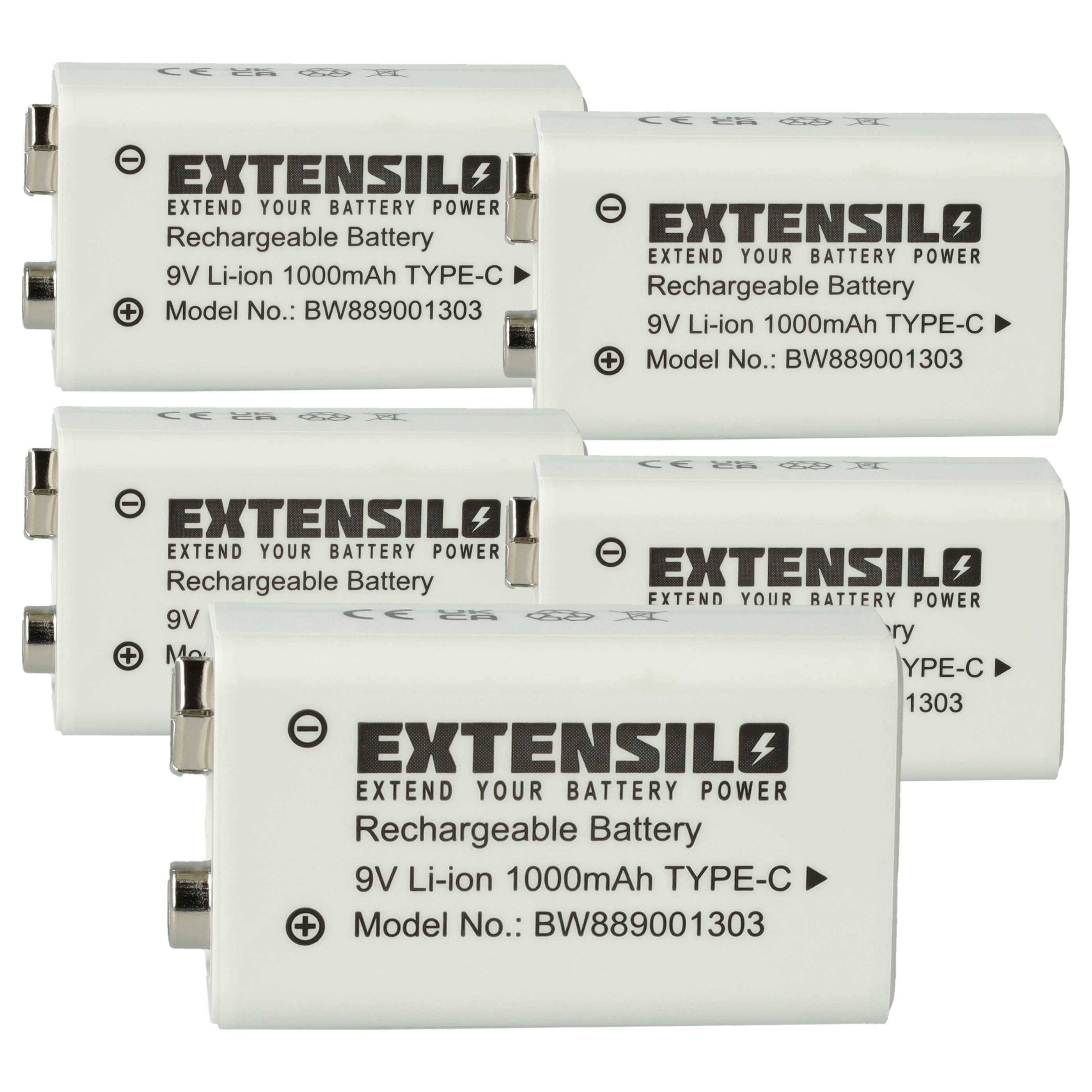 EXTENSILO 5x 9V-Akku Block kompatibel mit Daitem SP 150-21X | 03/07 (1 Ah, 9 V, Li-Ion), ready-to-use, mit USB-C Buchse