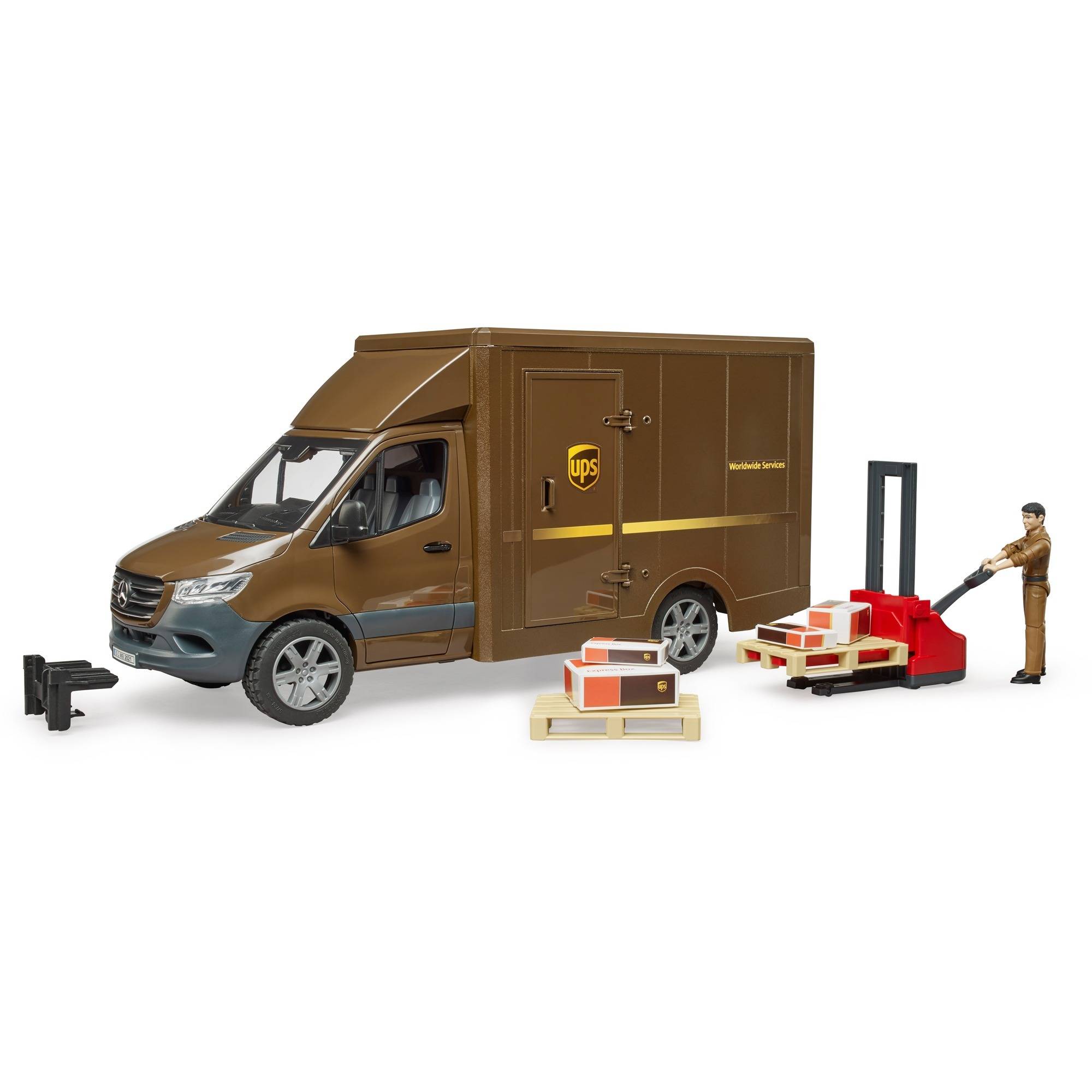 bruder Mercedes Benz Sprinter UPS mit Fahrer und Zubehör Fertigmodell Nutzfahrzeug Modell