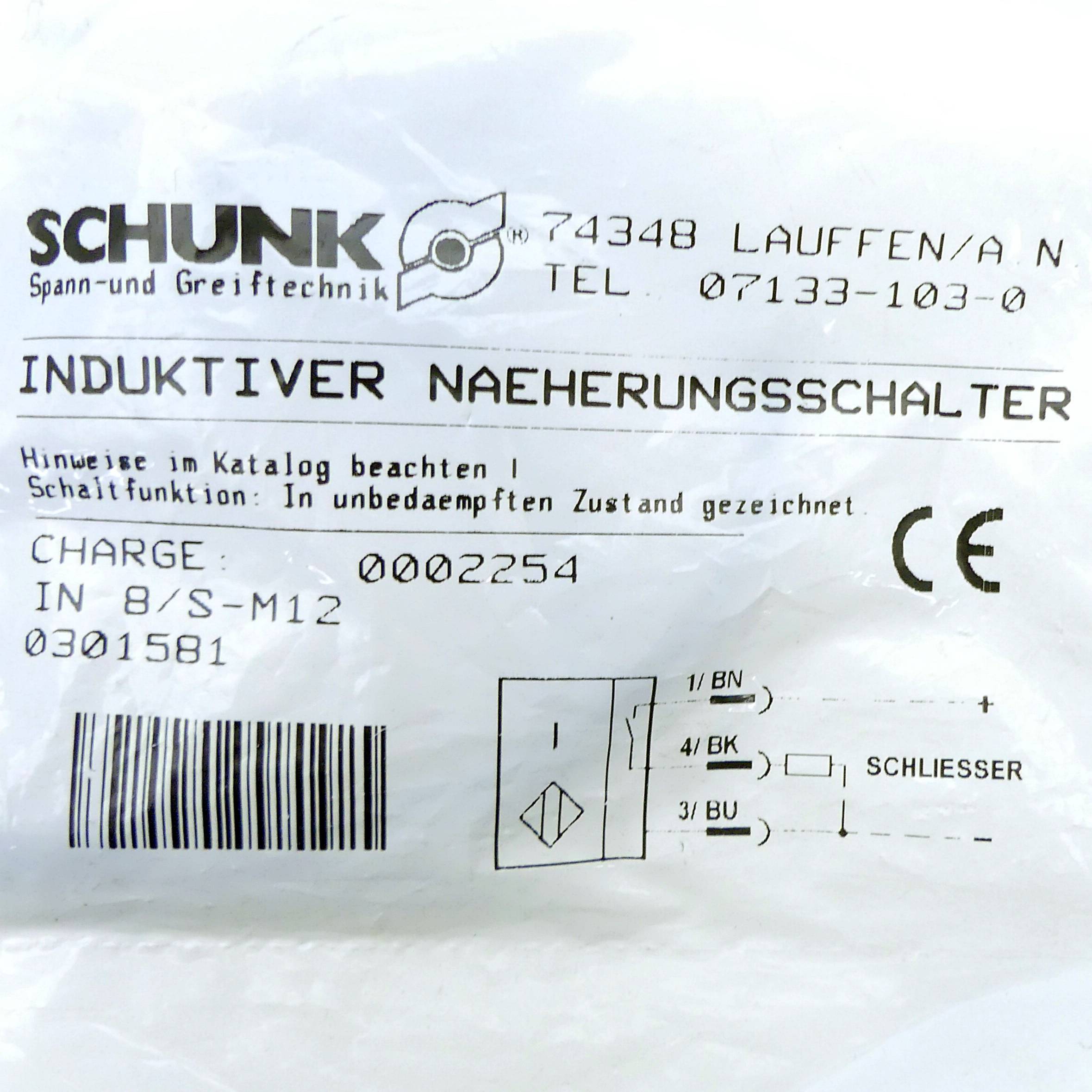 SCHUNK Induktiver Näherungsschalter IN 8/S-M12 0301581 OVP