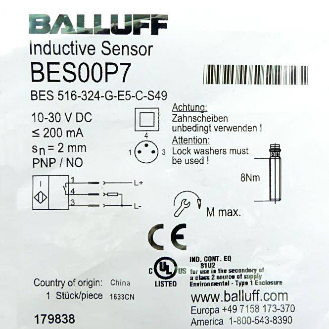 BALLUFF Induktiver Näherungsschalter BES00P7 BES 516-324-G-E5-C-S49 (BES 516-324-G-E5-C-S49)