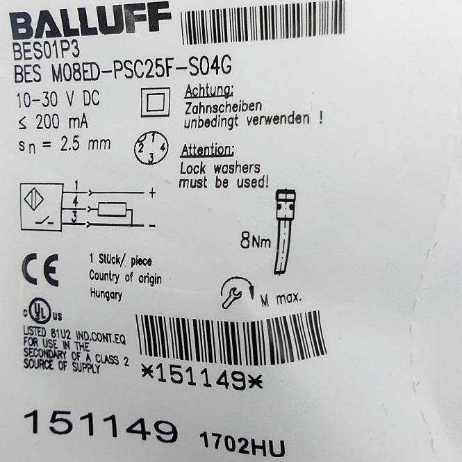 BALLUFF Induktiver Standardsensor BES01P3 (BES M08ED-PSC25F-S04G)