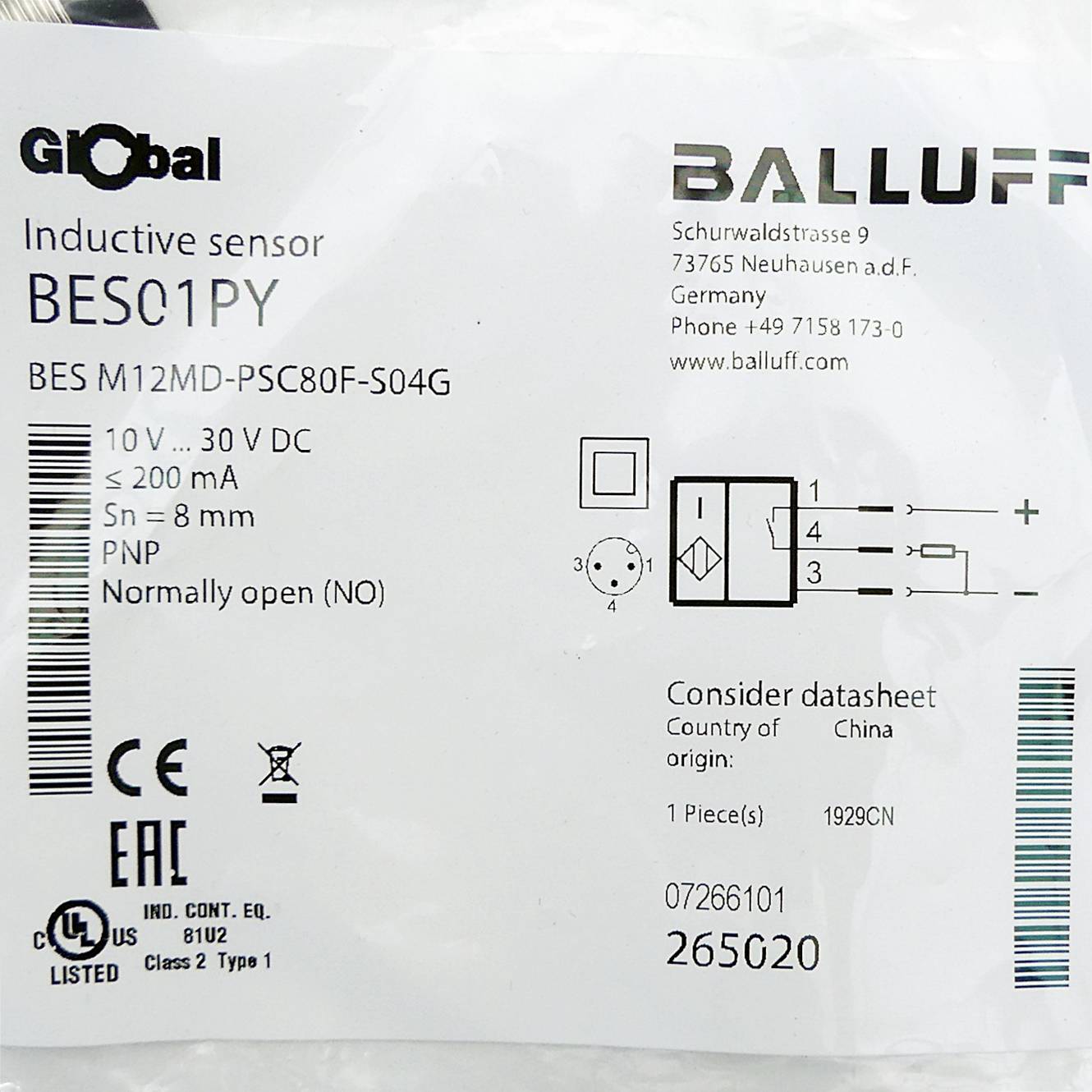 BALLUFF Induktiver Sensor (BES M12MD-PSC80F-S04G)