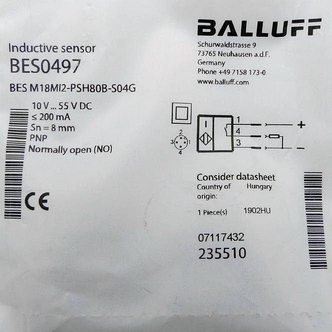 BALLUFF Induktiver Standardsensor BES0497 (BES M18MI2-PSH80B-S04G)