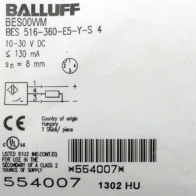 BALLUFF Induktiver Standardsensor BES00WM (BES 516-360-E5-Y-S 4)