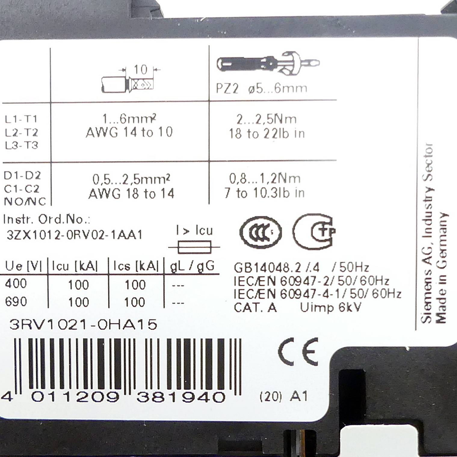 SIEMENS 3RV1 021-0HA15 (EAN:4011209381940)