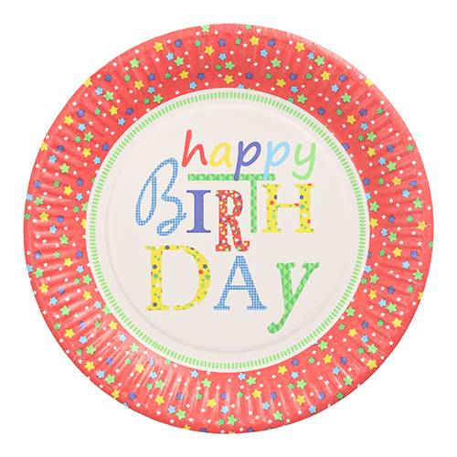 10 Teller, Pappe rund Ø 23 cm "Happy Birthday". Material: Pappe aus Frischfaser. Farbe: rot