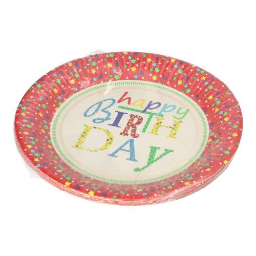 10 Teller, Pappe rund Ø 23 cm "Happy Birthday". Material: Pappe aus Frischfaser. Farbe: rot