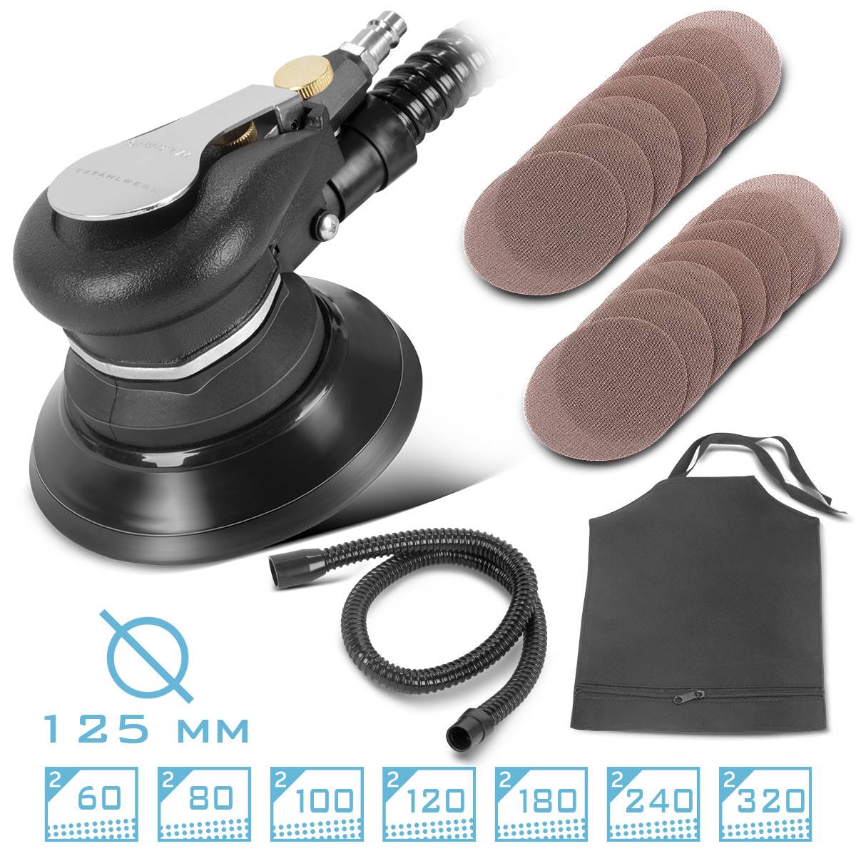 STAHLWERK Druckluft Exzenterschleifer DES-125 ST mit 14er Set Schleifscheiben