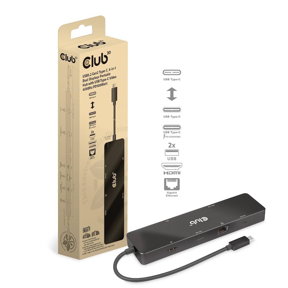 Club 3D 6-in-1 Dual Displays Portable Dock withUSB Type-C Video 4K60Hz
