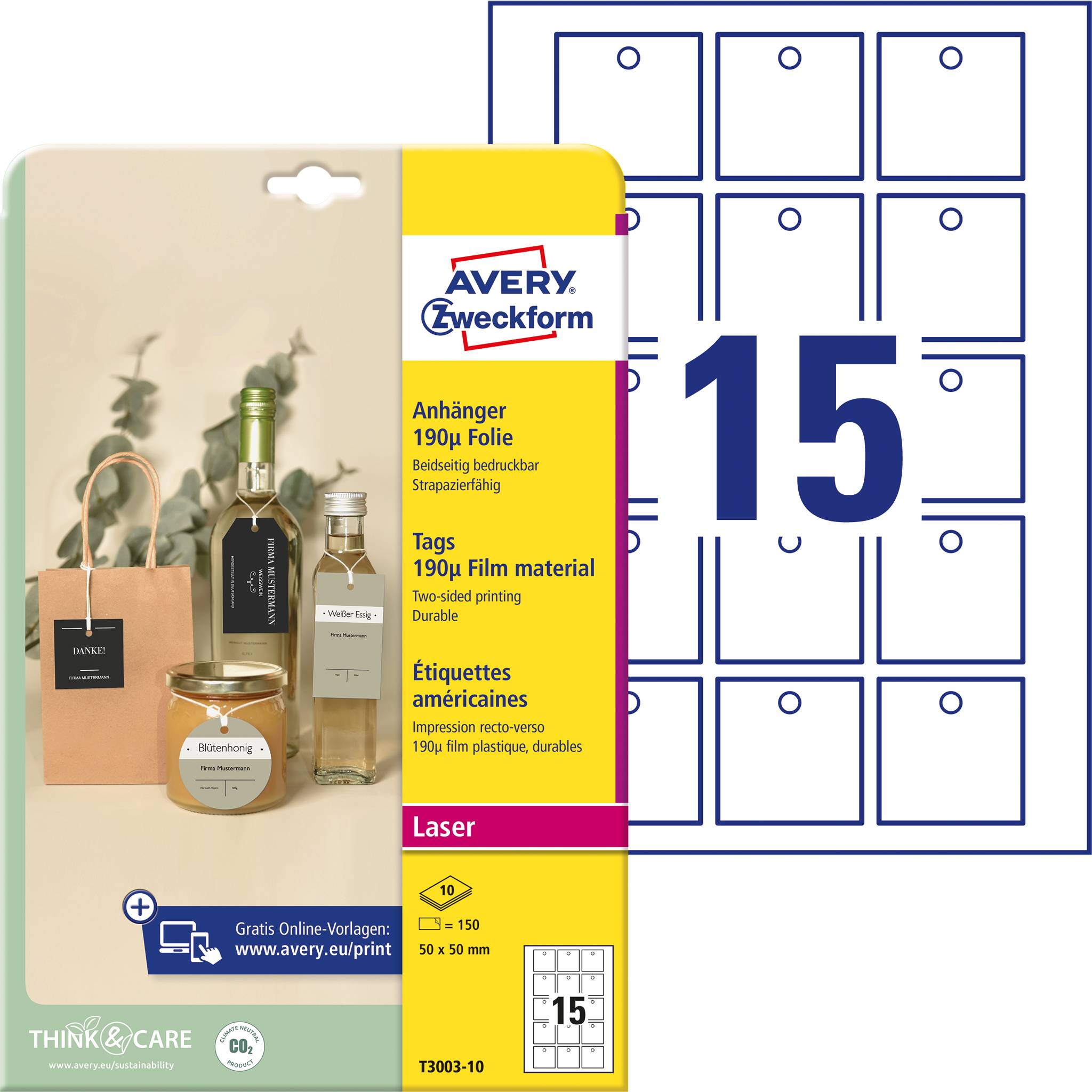 Avery-Zweckform T3003-10 Anhänger-Etiketten 50 x 50mm Polyester Weiß 150 St. Nicht klebend Farblaserdrucker, Laserdrucker