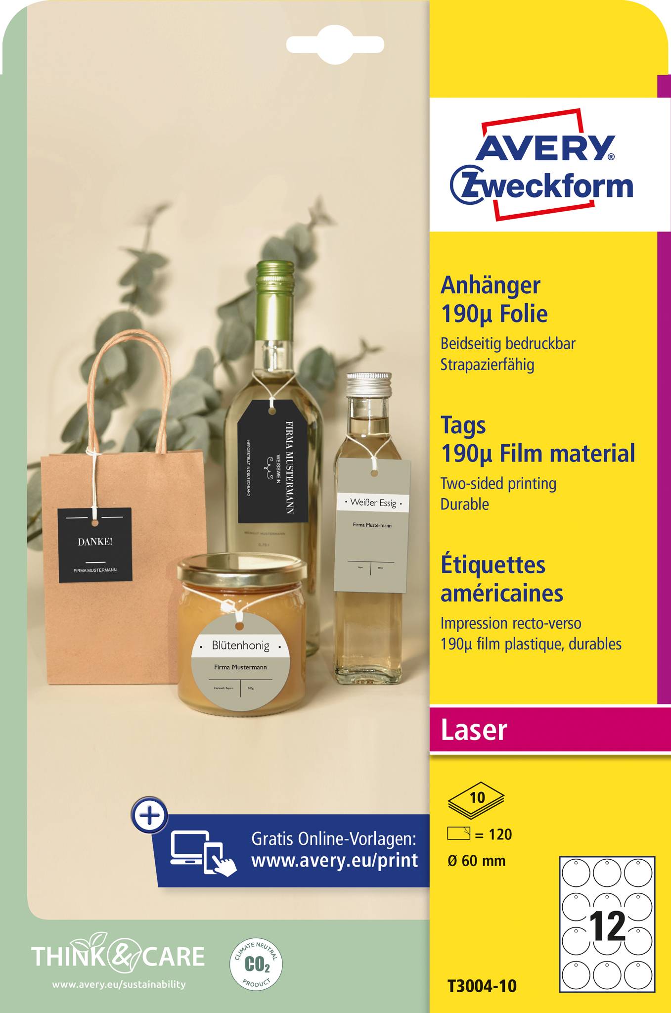 Avery-Zweckform T3004-10 Anhänger-Etiketten Ø 60mm Polyester Weiß 120 St. Nicht klebend Farblaserdrucker, Laserdrucker