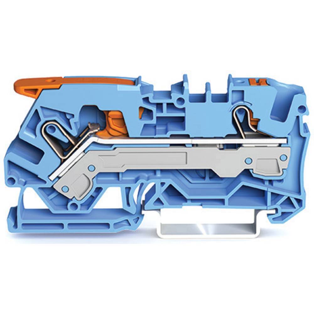 2-L-Durchgangsklemme 2106-5204 mit Hebel und Drücker 6qmm blau