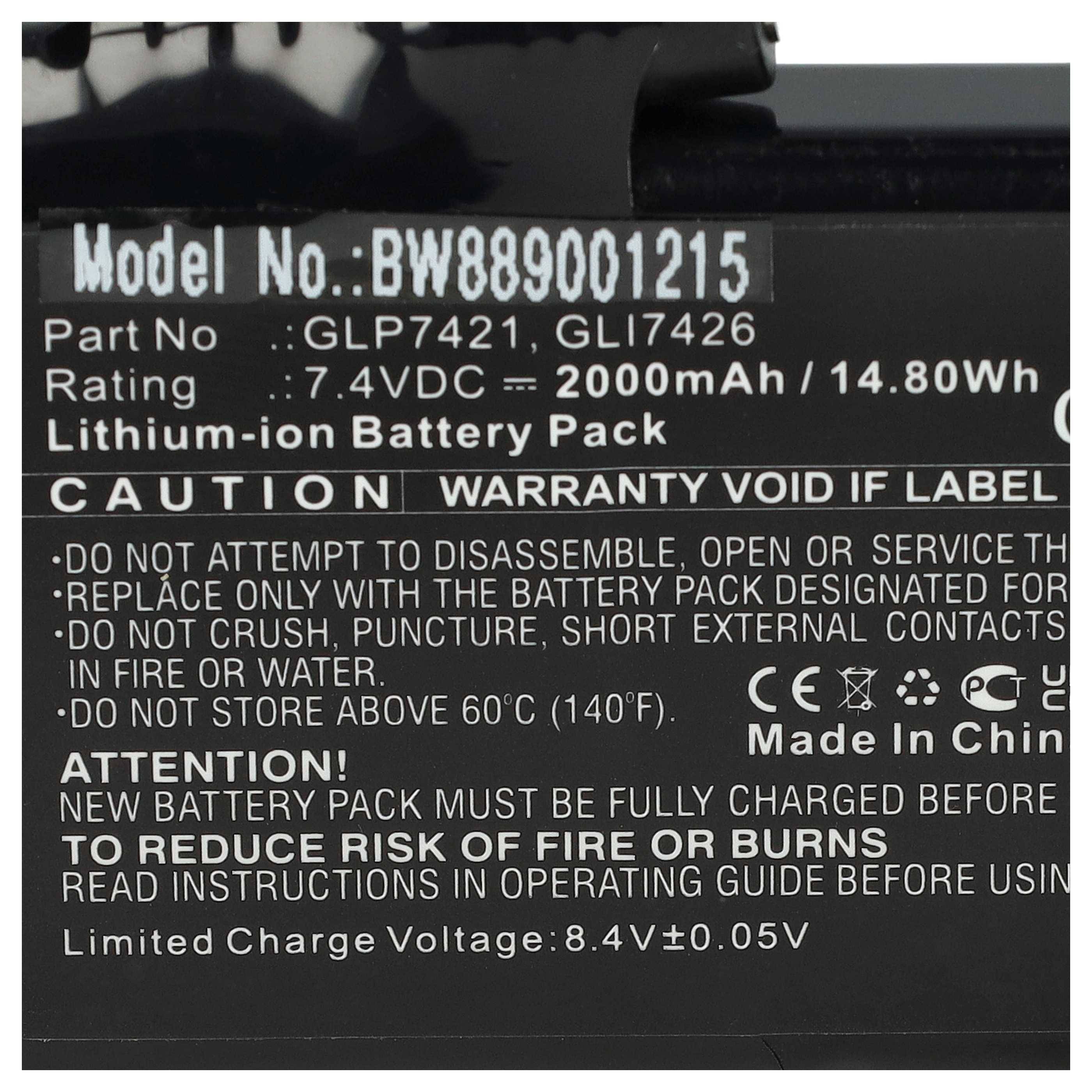 vhbw Akku Ersatz für Glovii GLP7421, GLI7426 für beheizbare Handschuhe (2000 mAh, 7,4 V, Li-Ion)