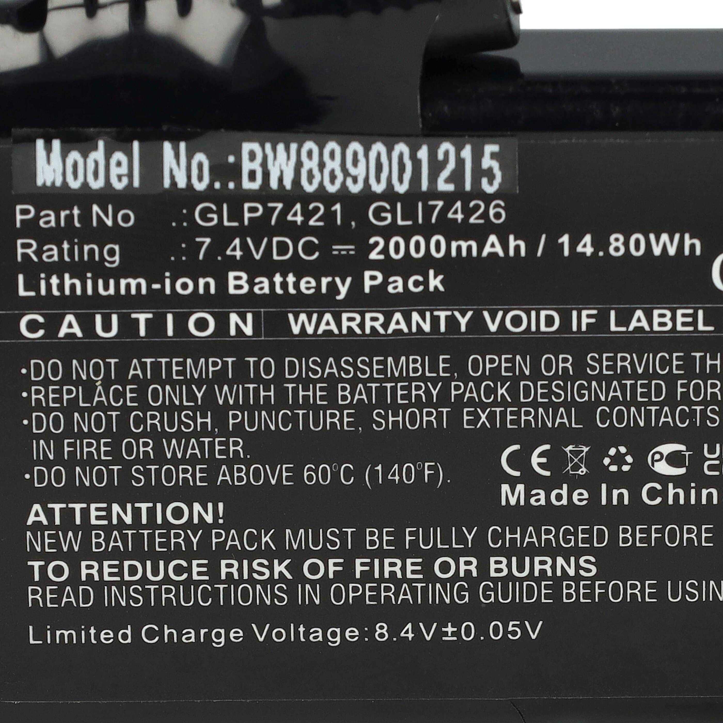 vhbw Akku Ersatz für Glovii GLP7421, GLI7426 für beheizbare Handschuhe (2000 mAh, 7,4 V, Li-Ion)