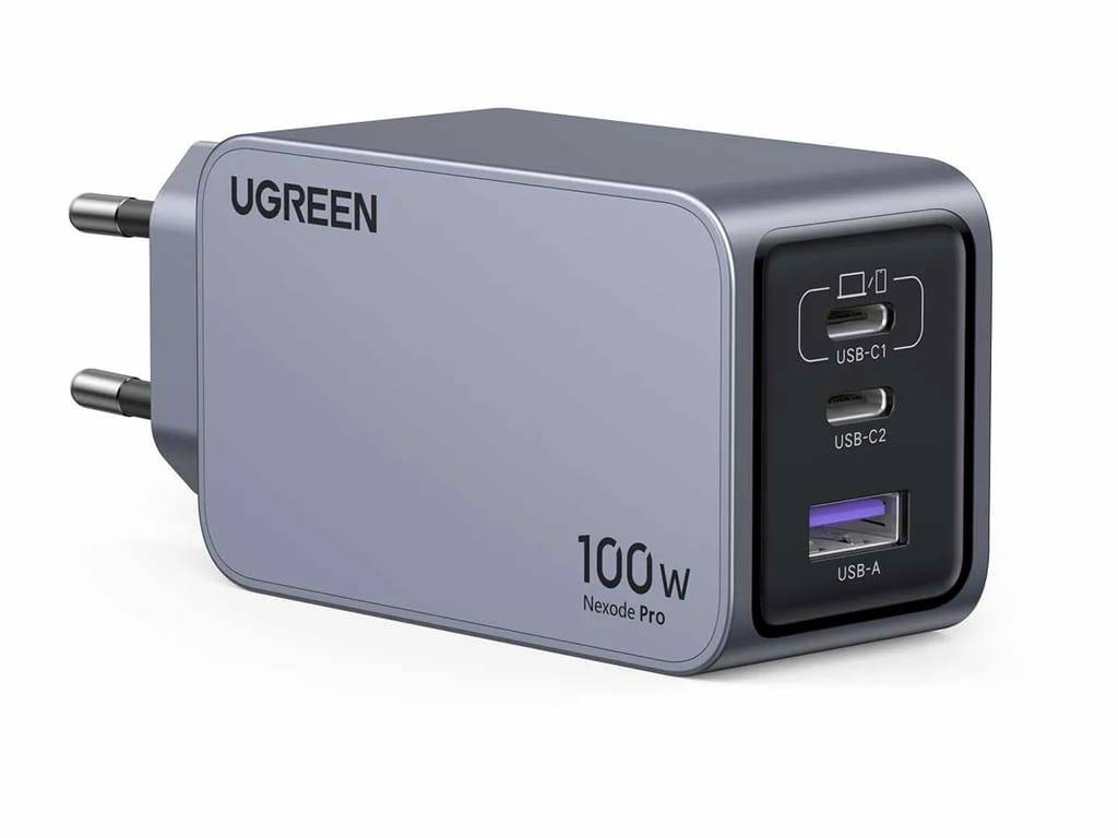 Ugreen Nexode Pro EU 3-Port GaN PD Fast Charger With USB-C Cable, Drinnen, AC, Schwarz, Grau