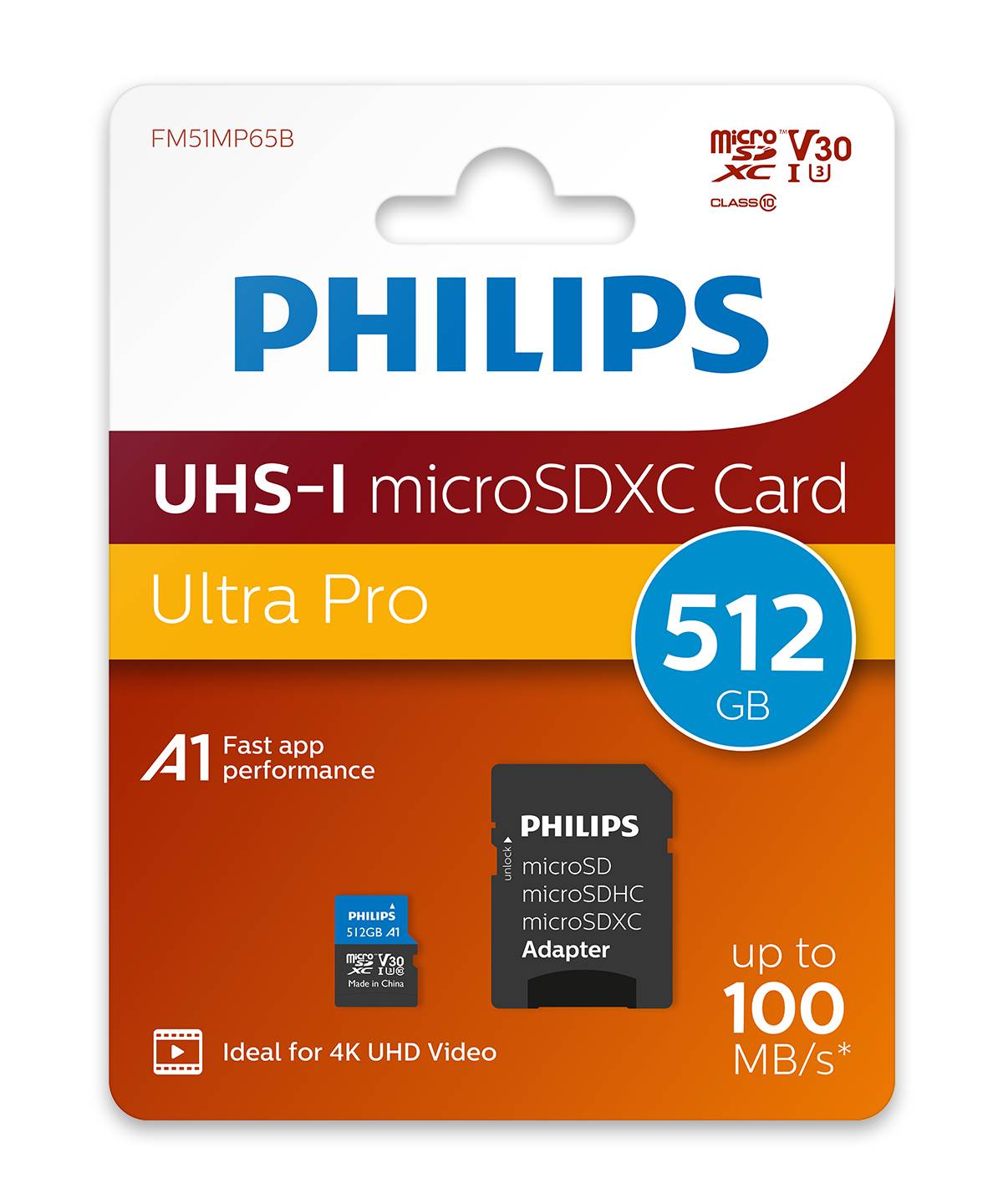 Philips MicroSDXC Card 512 GB Class 10 UHS-I U3 incl. Adapter Extended Capacity SD MicroSDHC