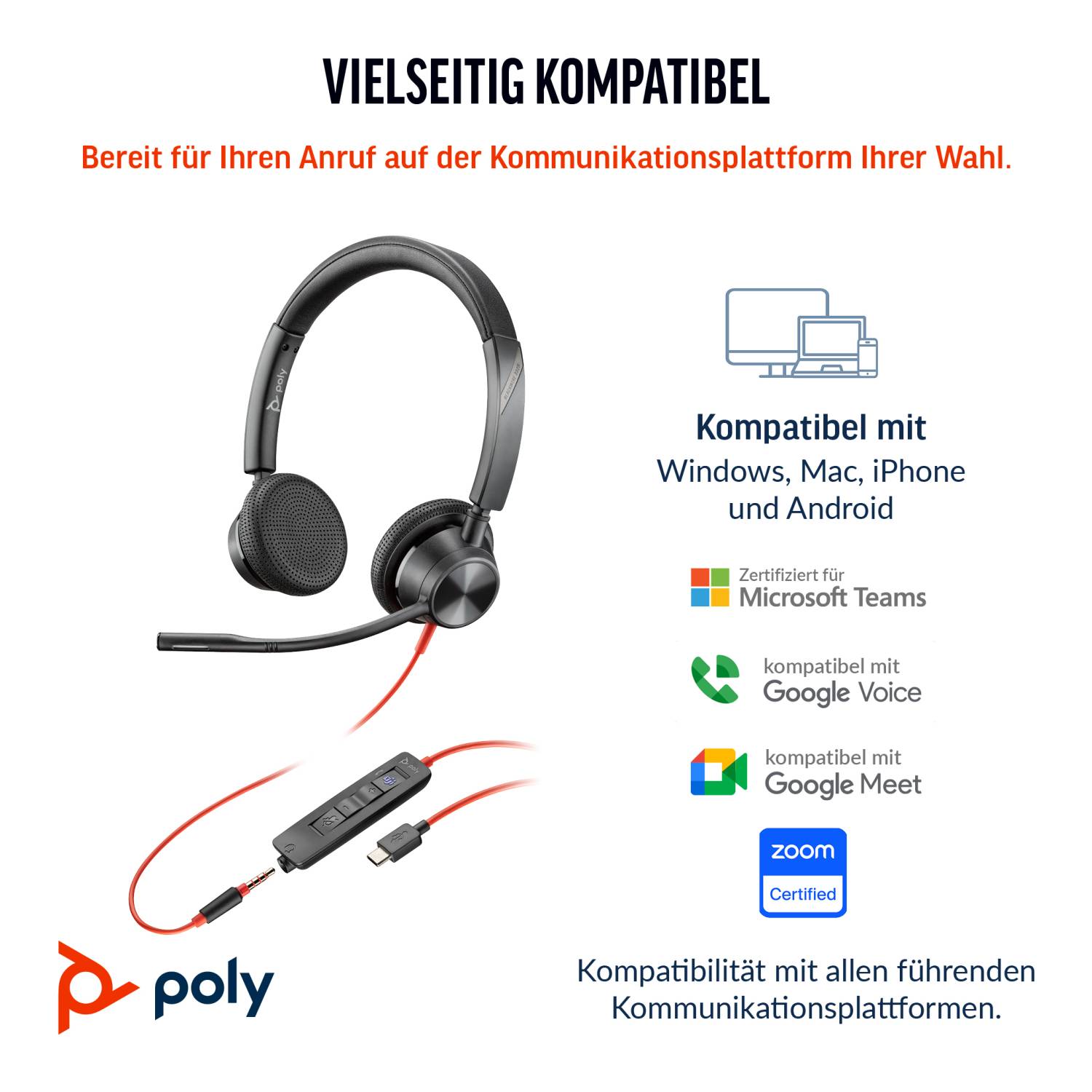Poly Headset Blackwire C3325-M Stereo USB-C/A & 3,5 mm Teams