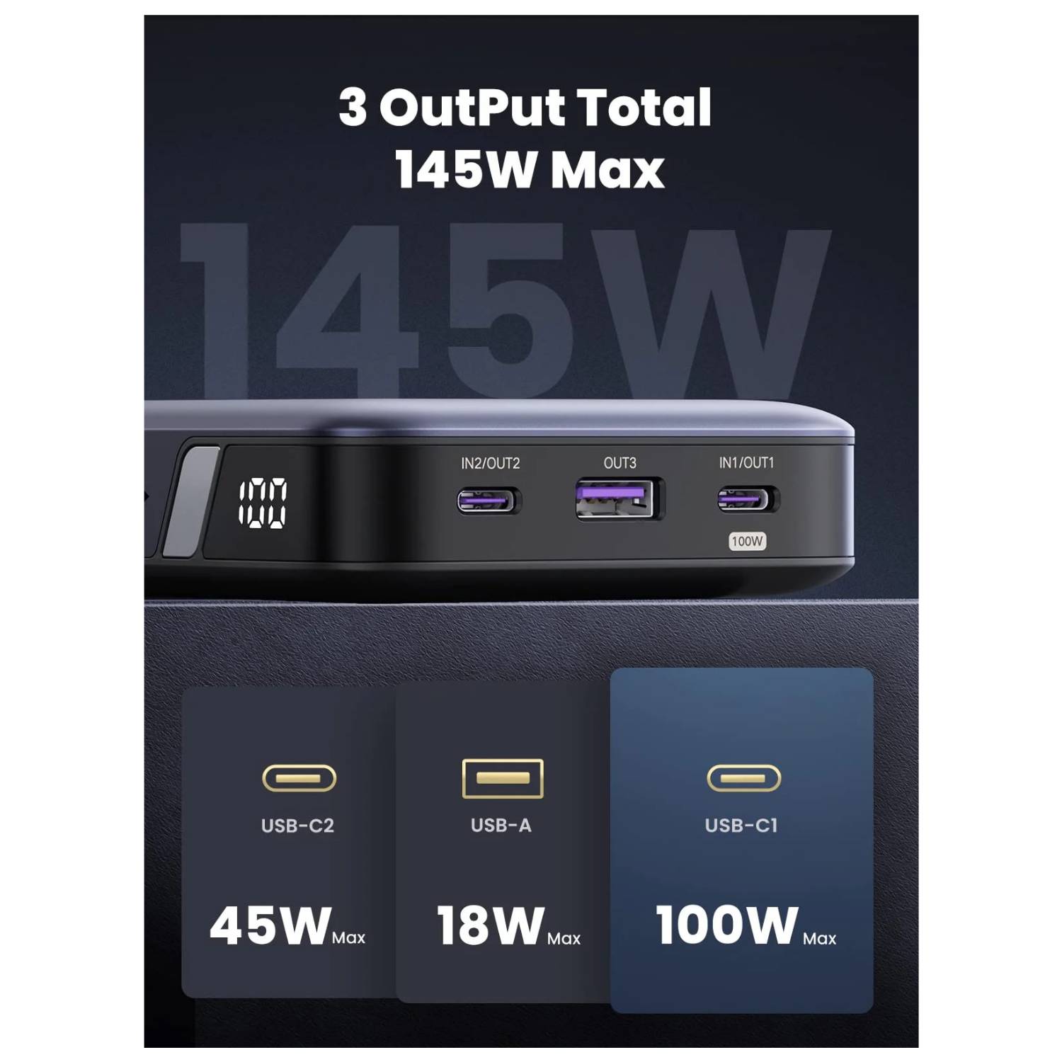 Ugreen Powerbank - für Laptop - 25000 mAh - 90 Wh - 145 Watt - 5 A - Power