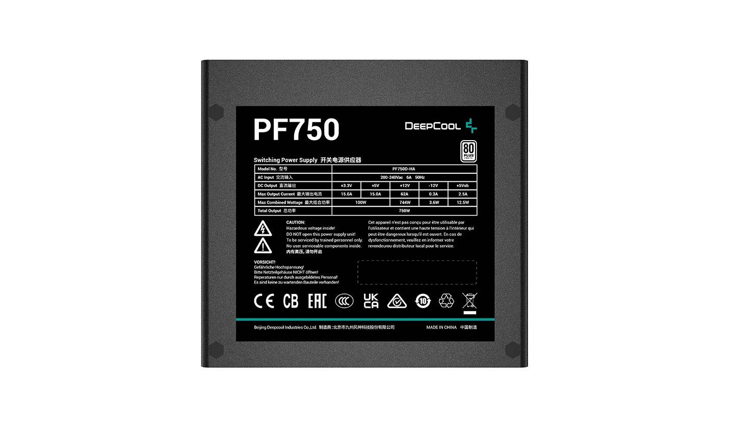 DeepCool PF750, 750 W, 230 V, 85%, Überlastung, Überspannung, Kurzschluß, Unterspannung, 20+4 pin ATX, 55 cm