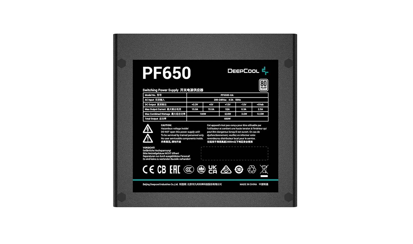DeepCool PF650, 650 W, 230 V, 85%, Überlastung, Überspannung, Kurzschluß, 20+4 pin ATX, 55 cm
