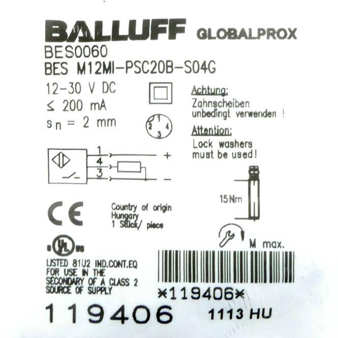 BALLUFF - BES M12MI-PSC20B-S04G - BALLUFF INDUKTIVER SENSOR, BES0060 - BES M12MI-PSC20B-S04G