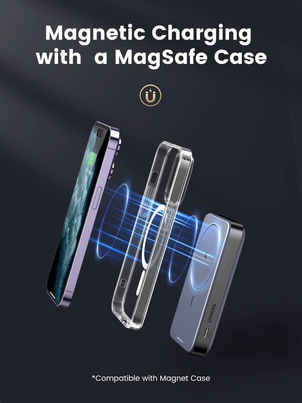 UGREEN - 10000mAh Mini Powerbank Wireless 20W with MagSafe grey - Kabel