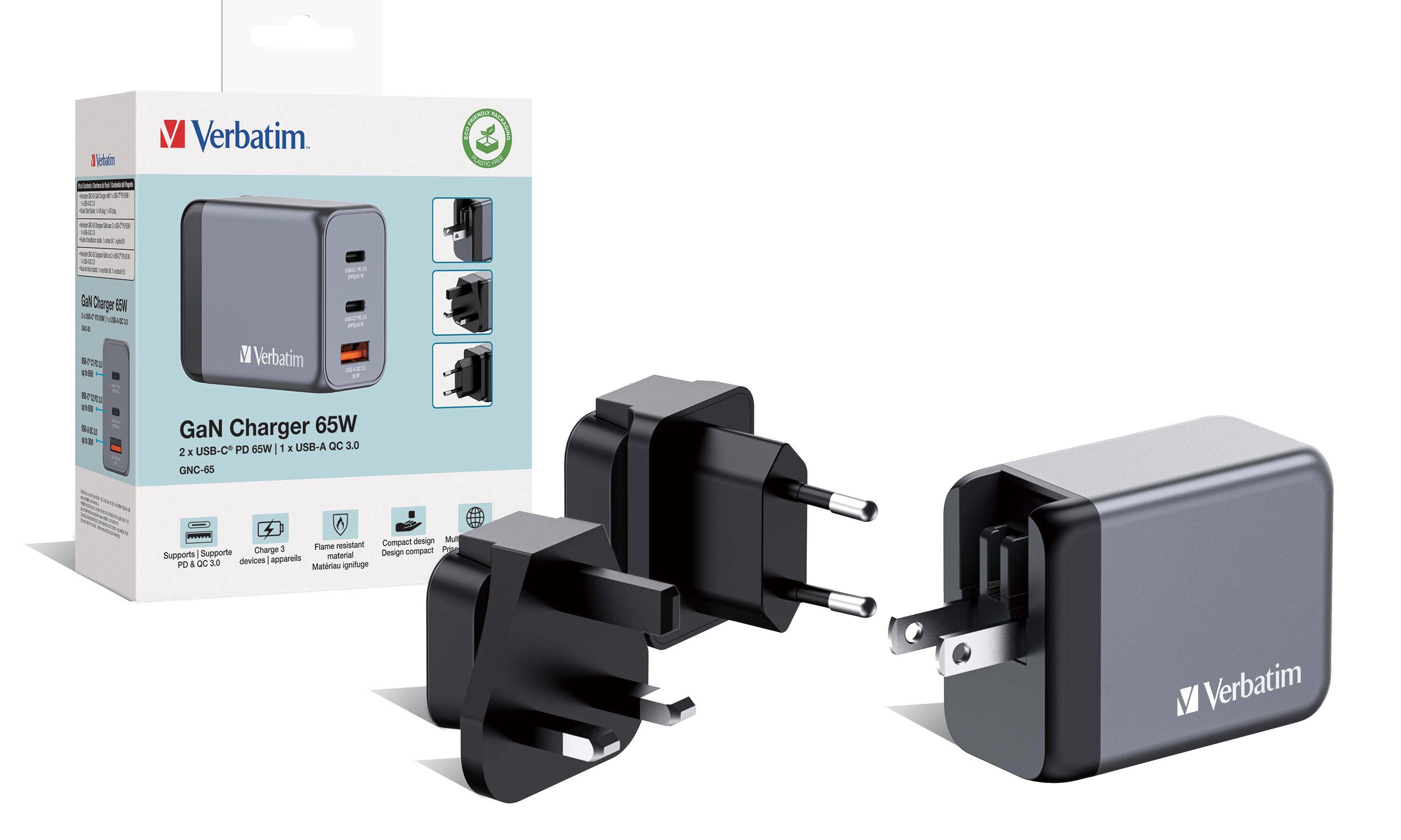 Verbatim GaN Charger 65 W, 3 Ports USB-C Ladegerät, Power Adapter mit 2 x USB-C und 1 x USB-A, Schnellladegerät