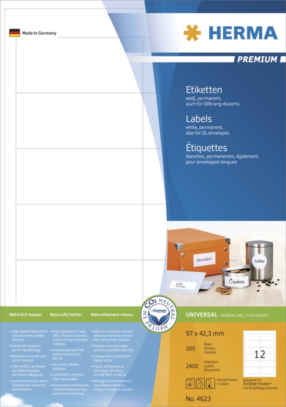 Herma 4623 Etikett 96,5 x 42,3 mm Premium weiß 2400 Stück