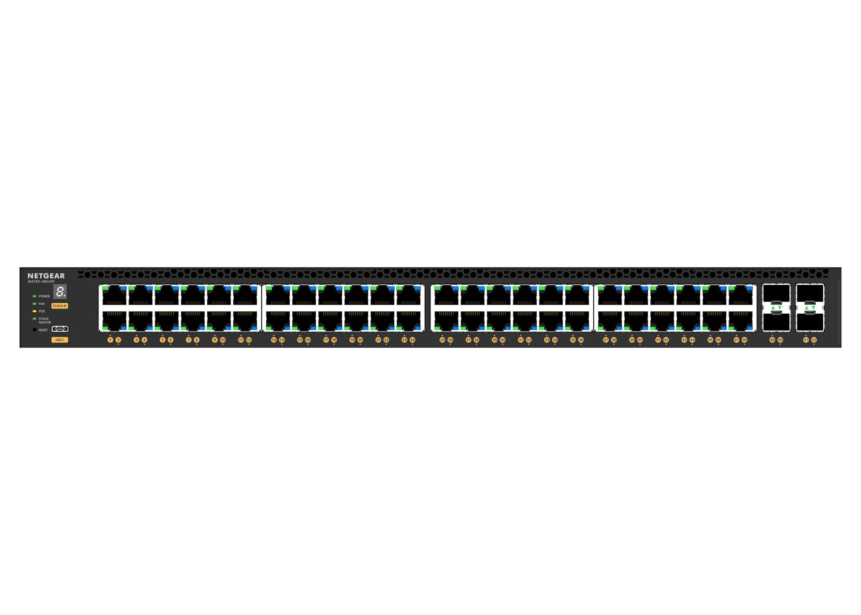 Netgear M4350-48G4XF Switch L3 managed 48 x 10/100/1000 PoE+ + 4 x 10 Gigabit SFP+ Luftstrom von vorne nach hinten an