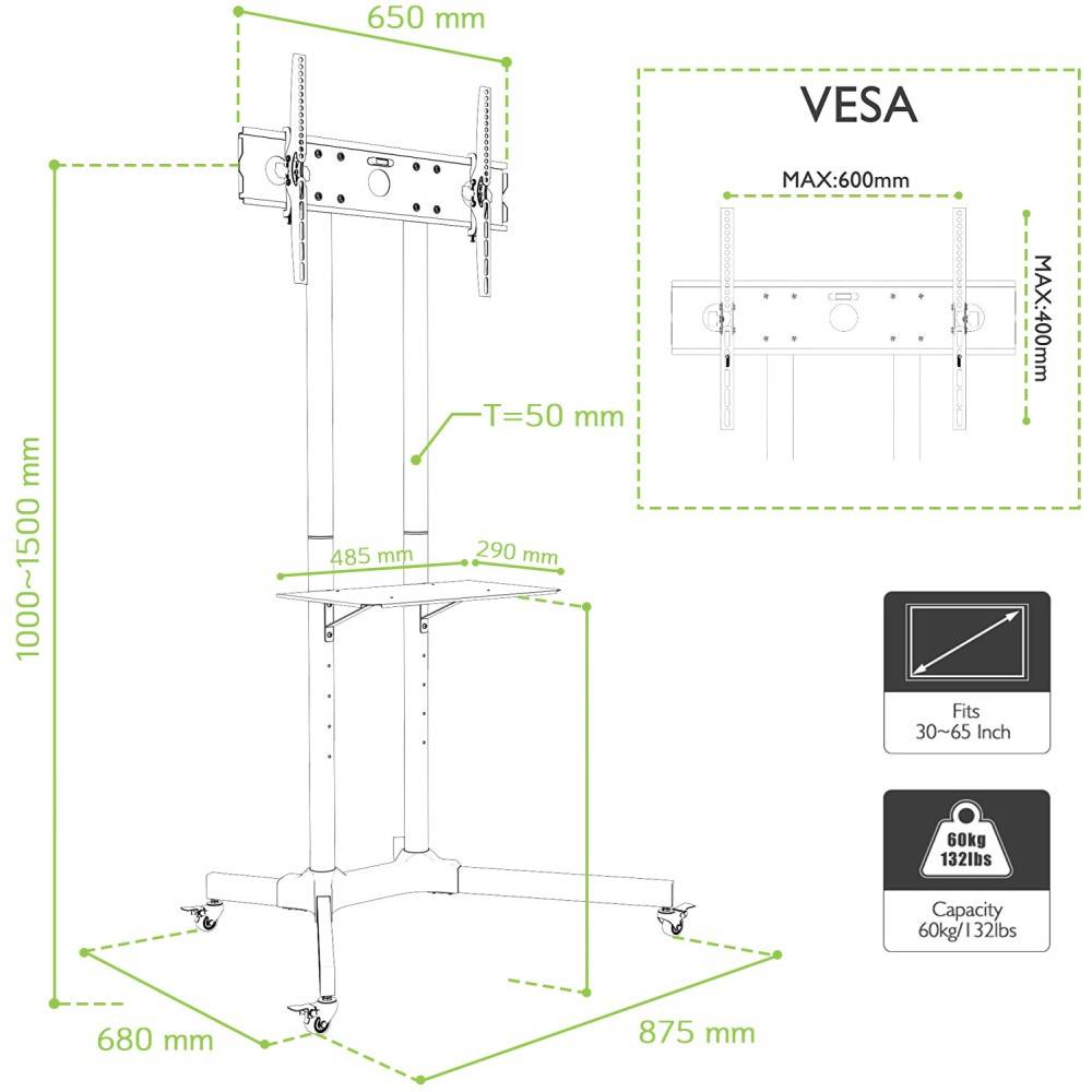 TECHly ICA-TR6 TV-Rollwagen 76,2cm (30") - 165,1cm (65") Neigbar