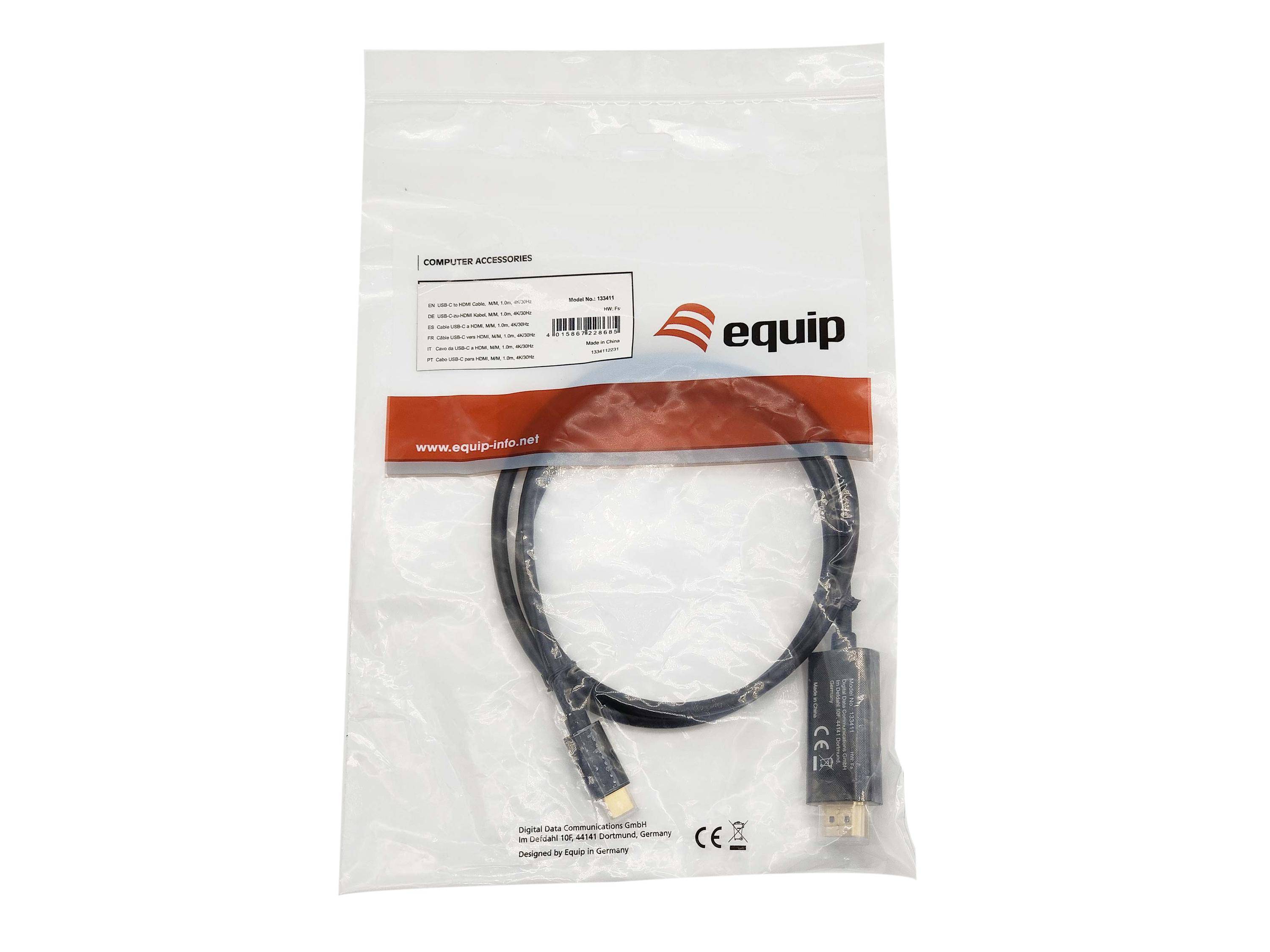 Equip USB-C auf HDMI Kabel - M/M - 1.0m - 4K/30Hz - 1 m - USB Typ-C - HDMI Typ A (Standard) - Männlich - Män