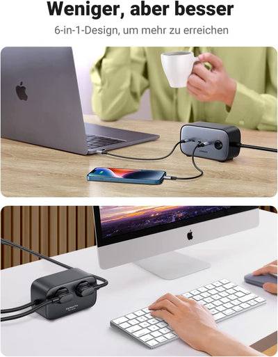 Ugreen Diginest Würfel 7-in-1, 3 AC-Ausgänge, Typ C, 1,8 m, Grau, Schwarz, 3680 W