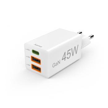 hama 00201995 Schnellladegerät, GaN, 1x USB-C, 2x USB-A, Mini-Ladegerät, PD, 45 W, Weiß