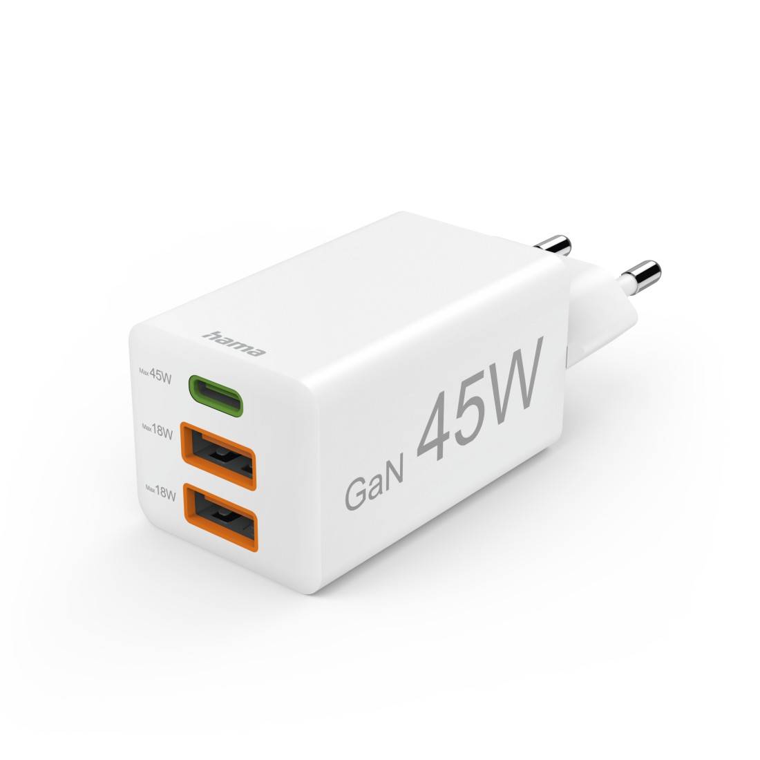 hama 00201995 Schnellladegerät, GaN, 1x USB-C, 2x USB-A, Mini-Ladegerät, PD, 45 W, Weiß