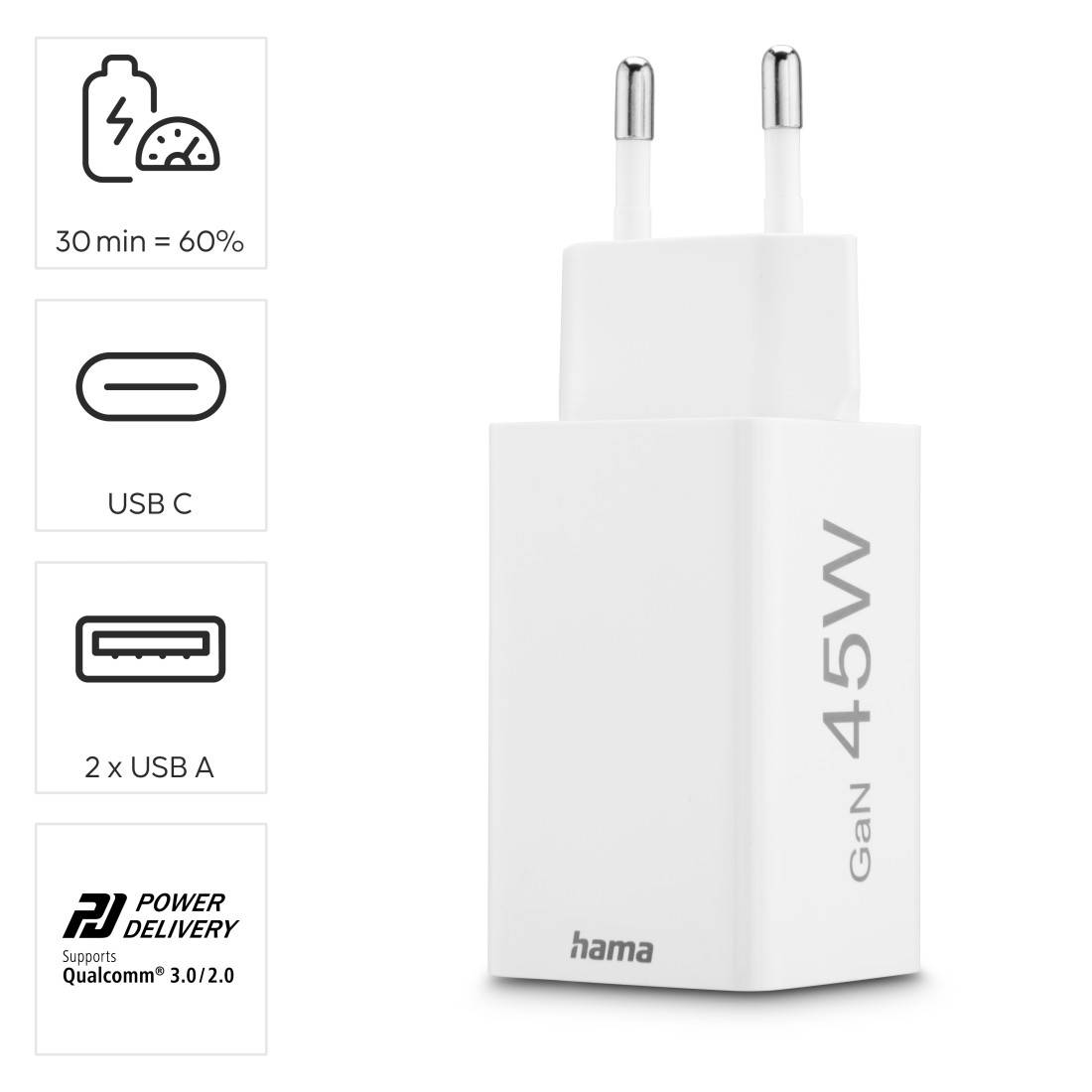 hama 00201995 Schnellladegerät, GaN, 1x USB-C, 2x USB-A, Mini-Ladegerät, PD, 45 W, Weiß