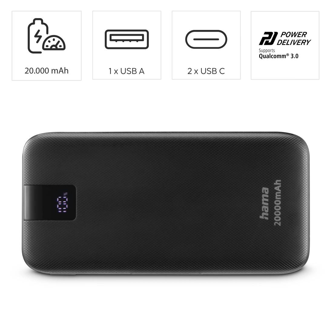 Hama Powerbank 20000 mAh Power Delivery 3.0, Quick Charge 3.0 LiPo Anthrazit
