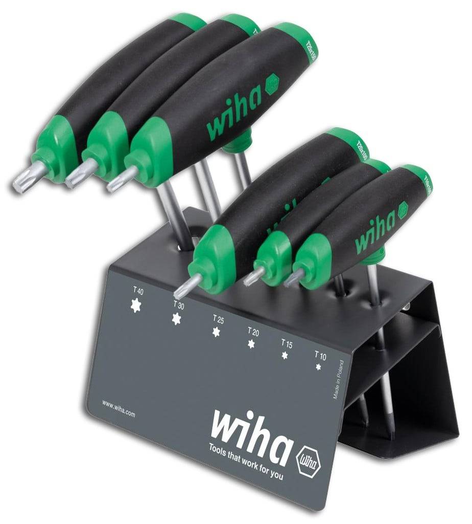 WIHA T-Griff-Schraubendreher- Satz im Werkstattständer 6-teilig, T10-T40, mit Seitenabtrieb