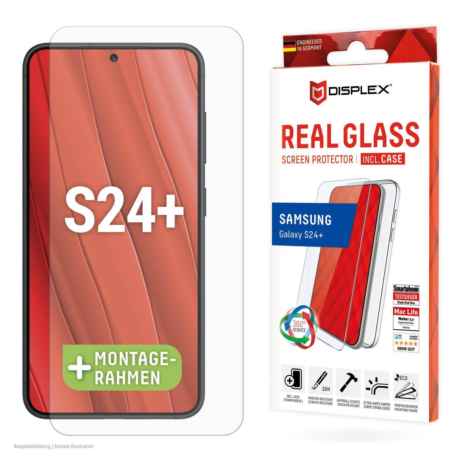 DISPLEX Panzerglas + Schutzhülle für Samsung Galaxy S24+/S25+, Eco-Montagerahmen, kratzer-resistent