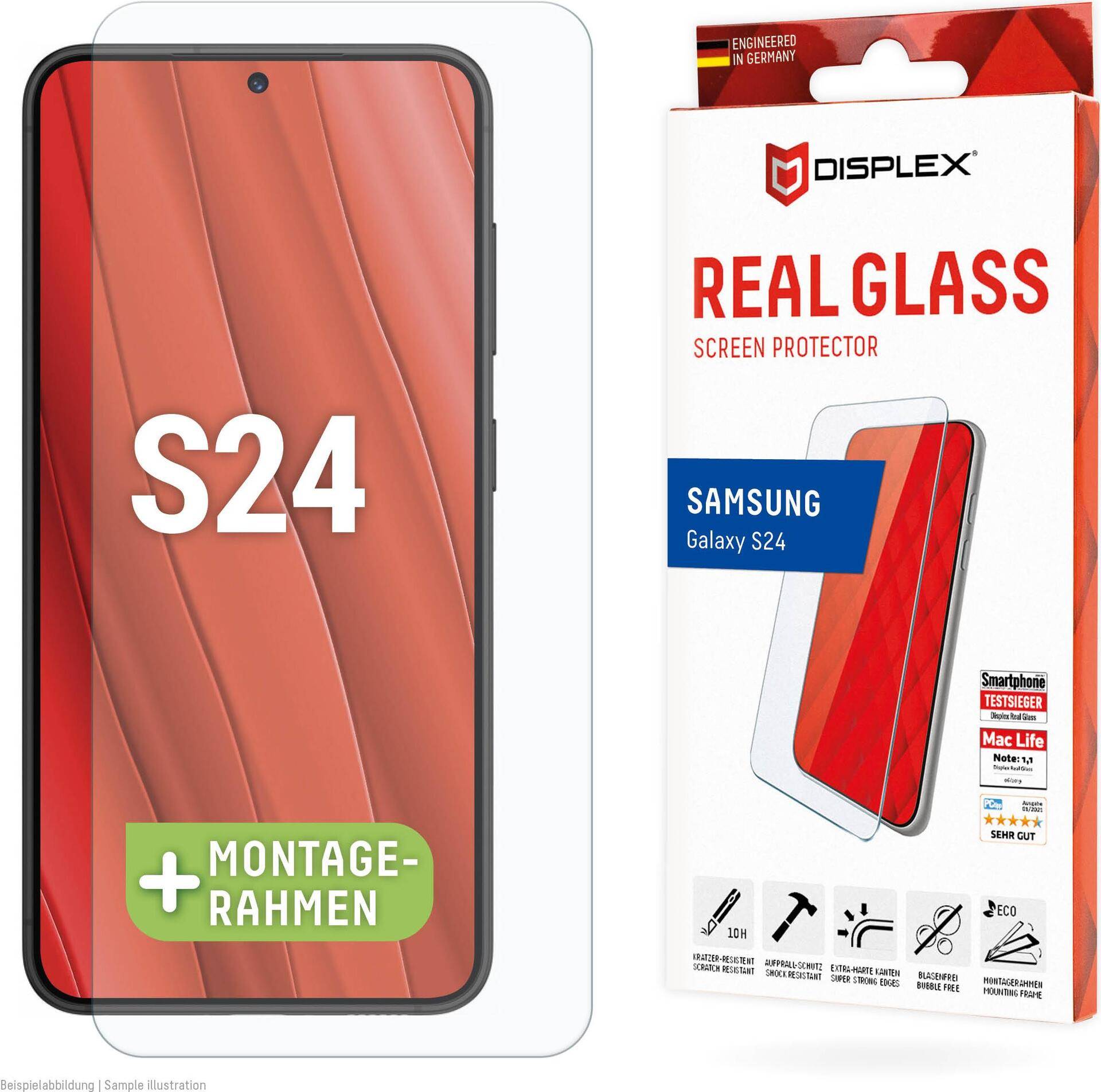 DISPLEX Panzerglas (10H, 2D) für Samsung Galaxy S24/S25, Eco-Montagerahmen, kratzer-resistent,