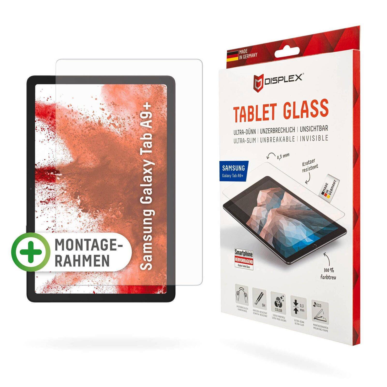 E.V.I. - Displex Tablet Glass (9H) für Samsung Galaxy Tab A9+, Eco-Montagerahmen L-Form, unzerbrechlich, Klare Bildschir