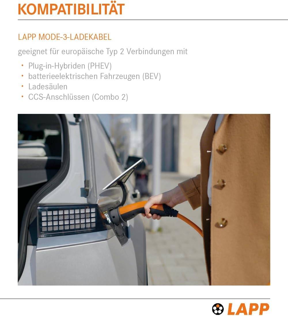 65311 LAPP Mobility Typ 2 Ladekabel für Hybrid & Elektroauto Mode 3 Kabel mit Typ 2 Stecker 22kW 32A 3-phasig Orange 10m