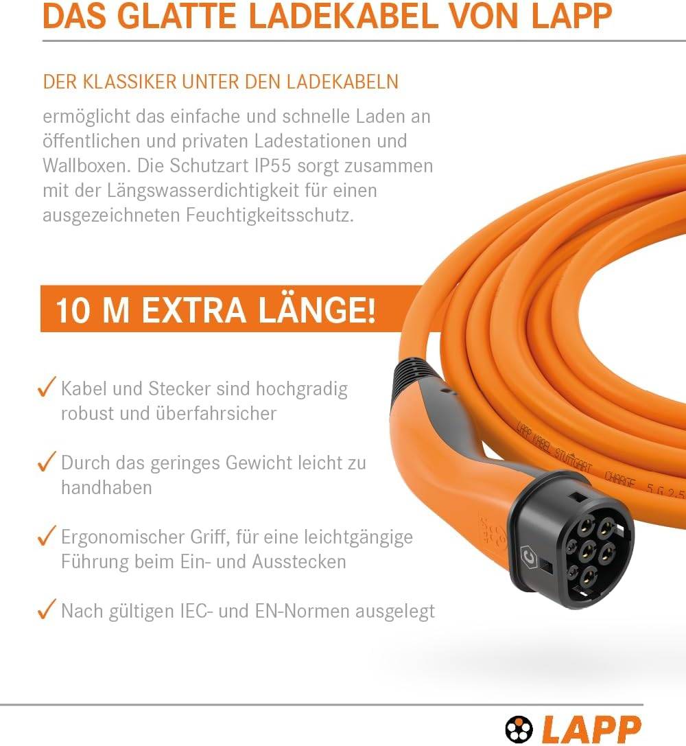 65311 LAPP Mobility Typ 2 Ladekabel für Hybrid & Elektroauto Mode 3 Kabel mit Typ 2 Stecker 22kW 32A 3-phasig Orange 10m