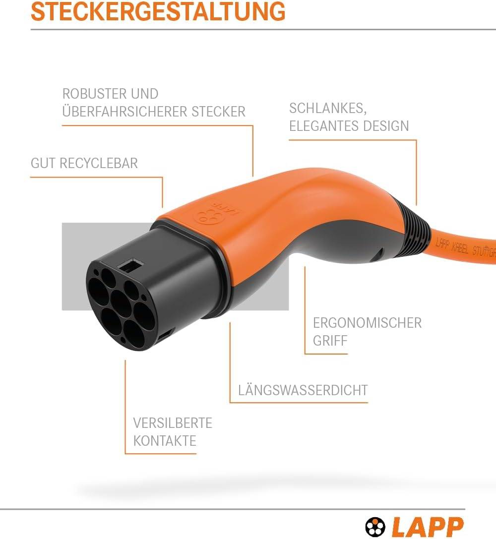 65311 LAPP Mobility Typ 2 Ladekabel für Hybrid & Elektroauto Mode 3 Kabel mit Typ 2 Stecker 22kW 32A 3-phasig Orange 10m