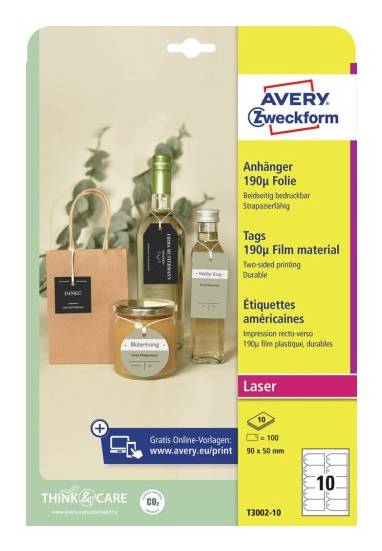 AVERY ZWECKFORM - Anhänger Folie matt 90 x 50 mm weiß 72000214