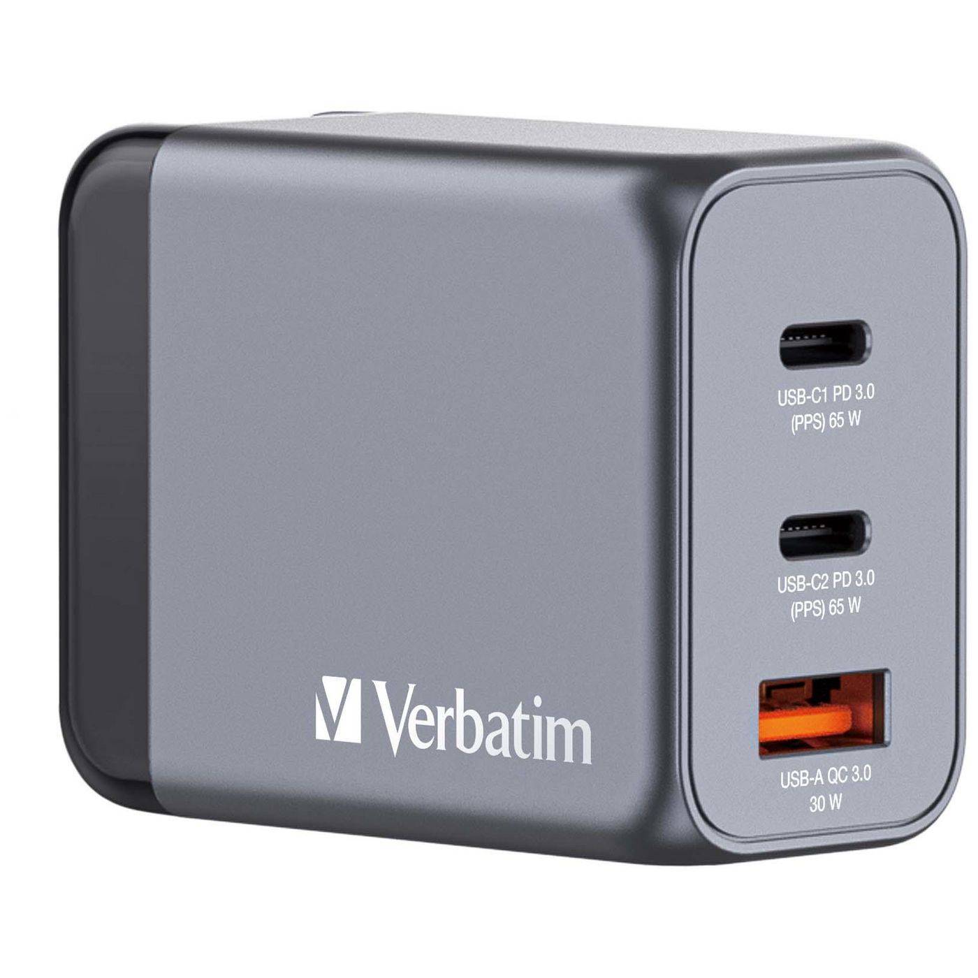 Verbatim GaN Charger 65 W, 3 Ports USB-C Ladegerät, Power Adapter mit 2 x USB-C und 1 x USB-A, Schnellladegerät
