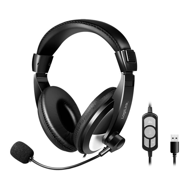 LogiLink Stereo-Headset mit Steuerung , 1x USB-A-Stecker, Bügelmikrofon, schwarz