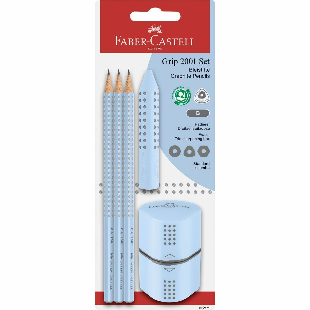 FABER-CASTELL 580074, B, Hellblau, Dreieckig, Sichtverpackung, 3 Stück(e), PVC
